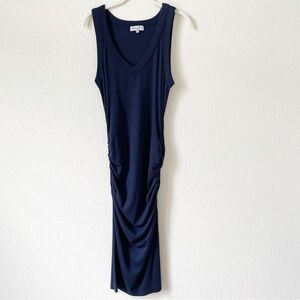 Michael Stars Lori Ribbed V Neck Dress Nocturnal Size Large Midi Coastal Ruched